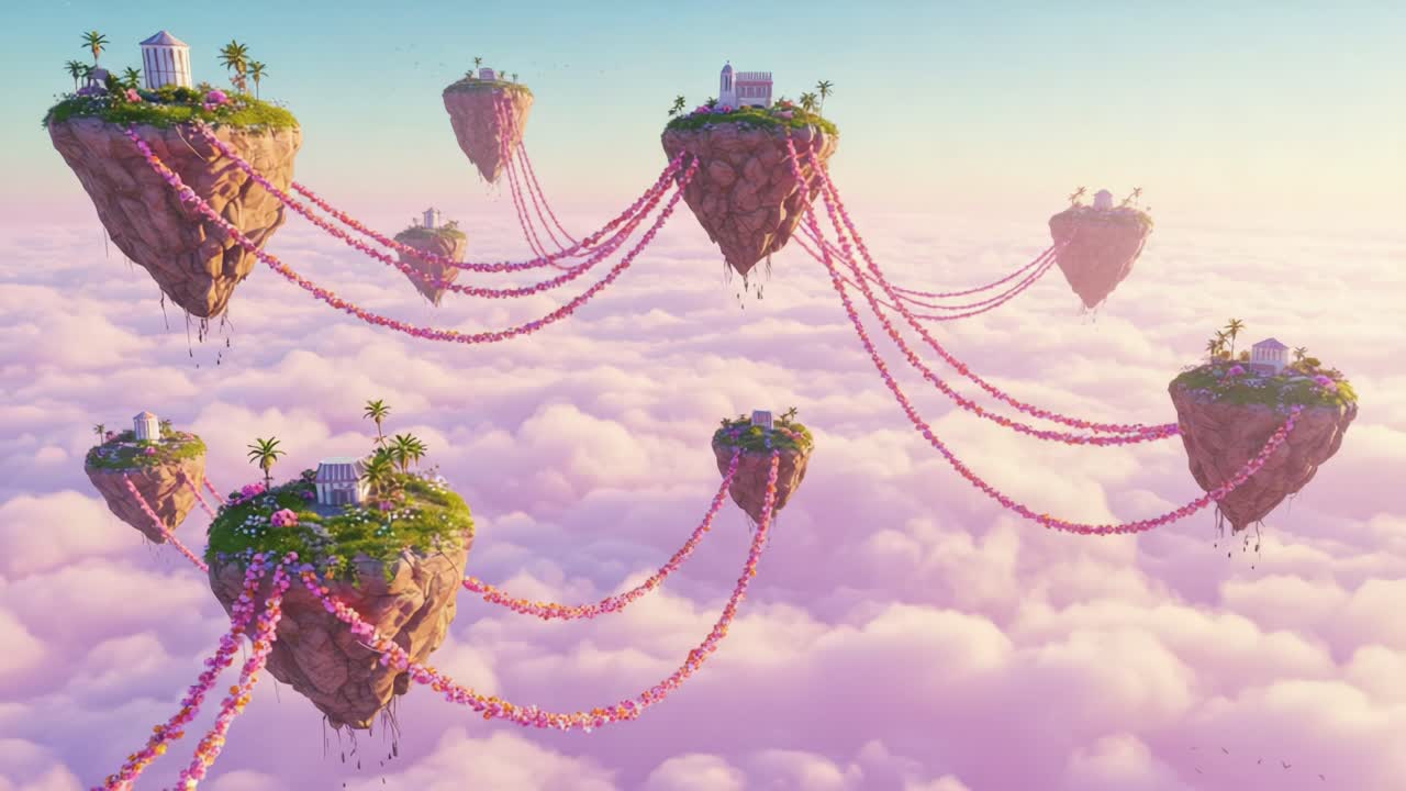 A Dreamscape of Floating Islands: Stunning Visuals of Ethereal Landscapes Connected by Floral Threads Above a Sea of Clouds, an Enchanting Journey Through Fantasy