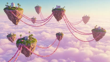 a dreamscape of floating islands: stunning visuals of ethereal landscapes connected by floral threads above a sea of clouds, an enchanting journey through fantasy