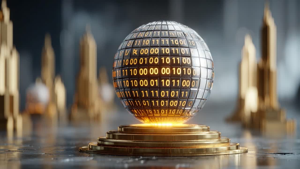 A Stunning Visualization of a Digital Sphere Surrounded by Golden Structures, Representing Data Integration and Technological Advancement in an Abstract Futuristic Environment