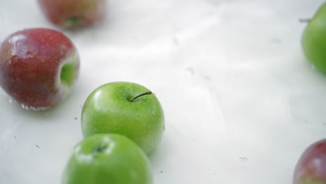 slomo of apples in water on white backdrop