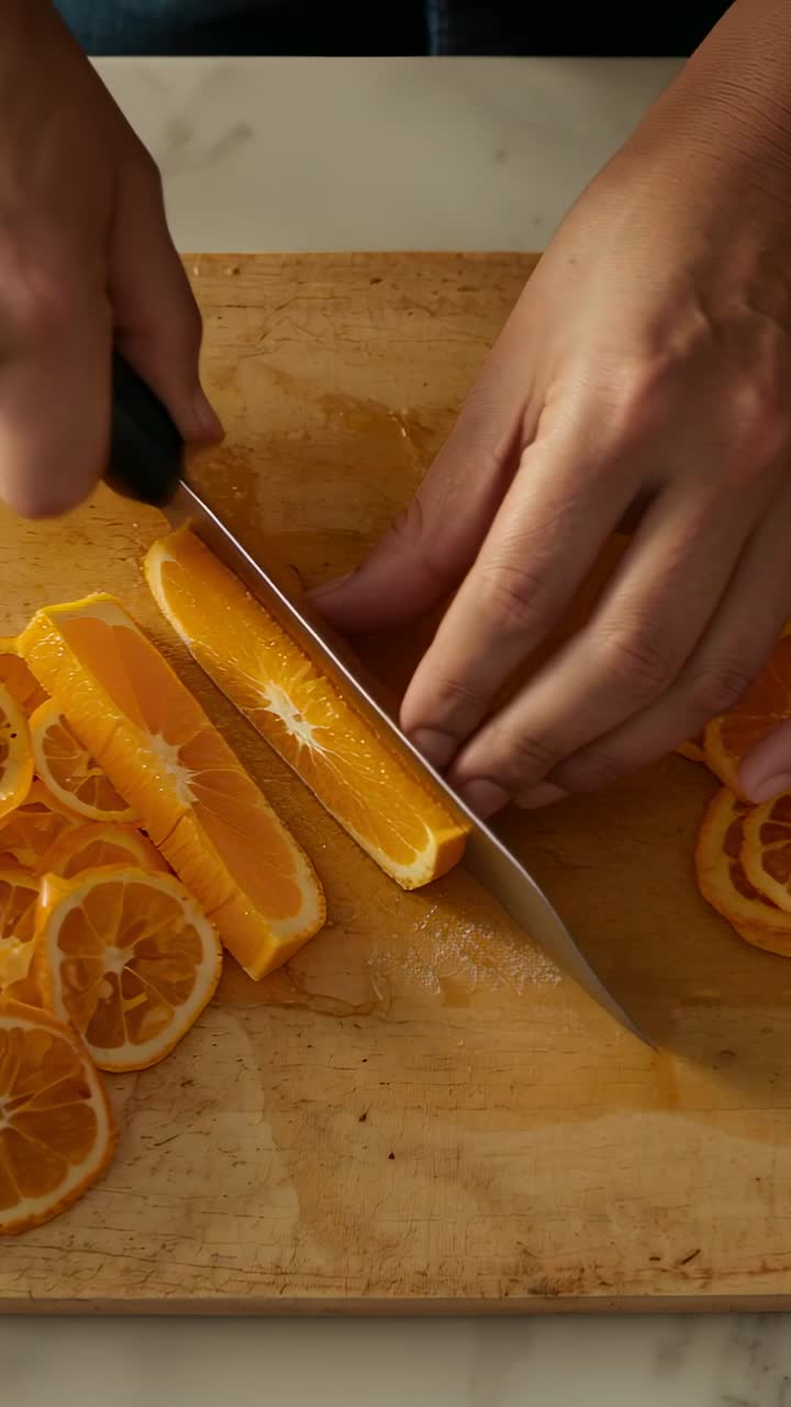 Vertical video: Gripping chef's knife, hands slicing orange on board, preparing slices, apron