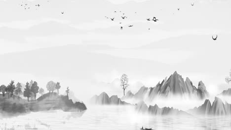 China's-traditional-Oriental-Digital-Art-Animation,-Chinese-painting-ink-in-mountain-with-flowers,-tree,-birds,-river-in-fog-background-artwork