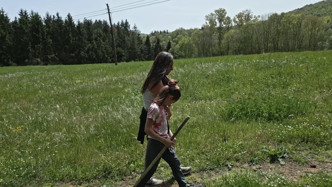 Happy mother and daughter are walking sideways in a field, enjoying a leisurely stroll together on a sunny day, surrounded by lush green grass and trees