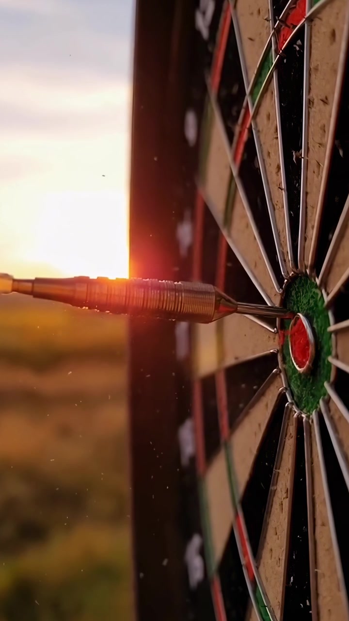 Dart Hitting the Bullseye on a Dartboard at Sunset