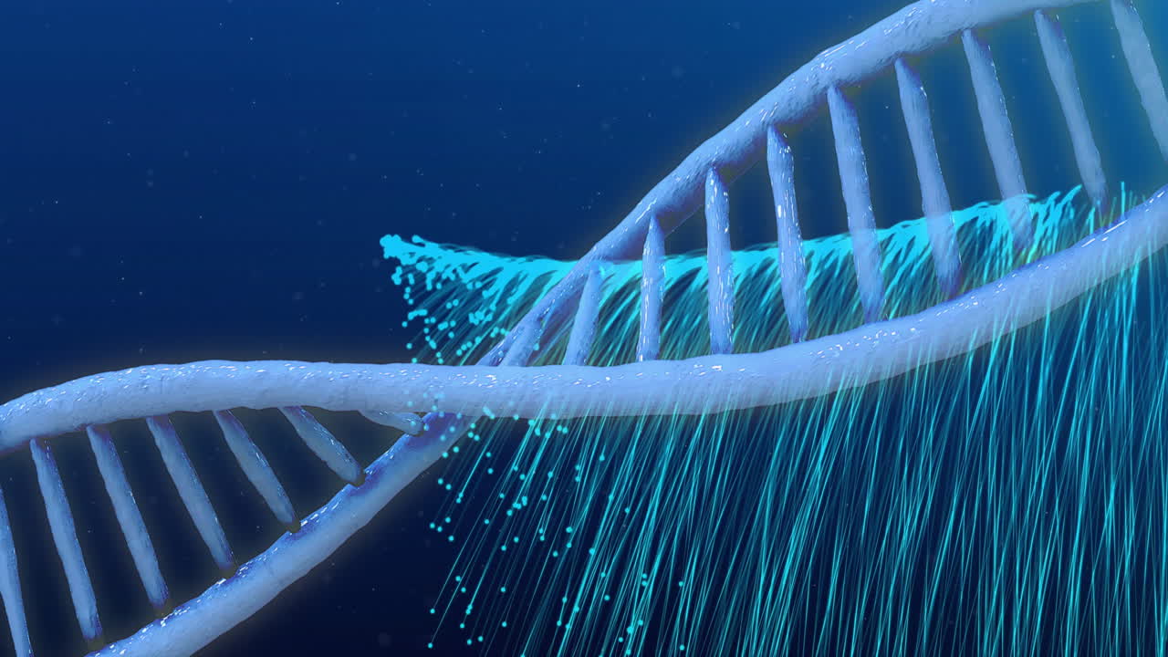 Animation of neon spots falling and dna strand on blue background