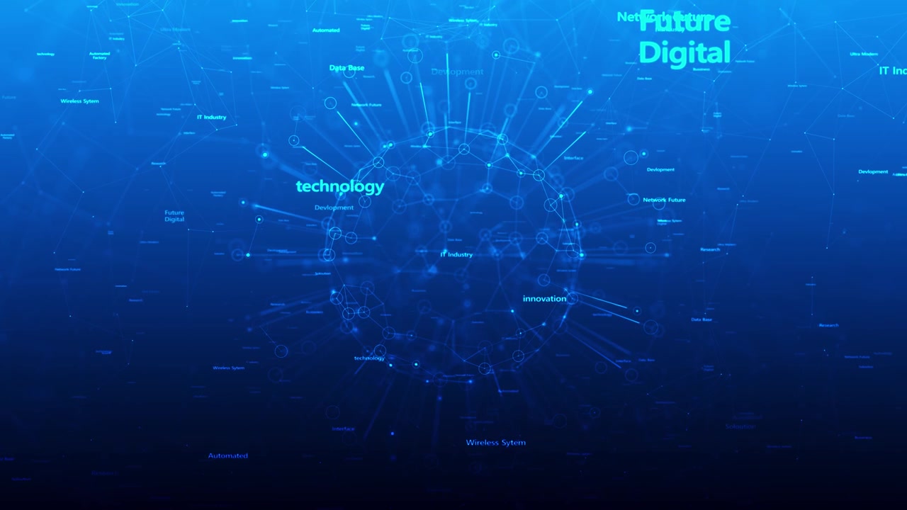 Technology word cloud network visual with blue connected lines glowing node sphere and business data