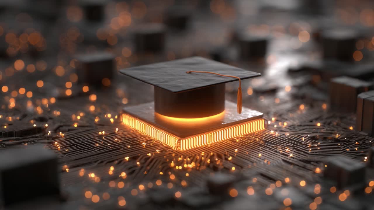 A Conceptual Visualization of Graduation and Technology Merging, Featuring a Mortarboard Hat Resting on a Glowing Circuit Board, Symbolizing Knowledge and Innovation