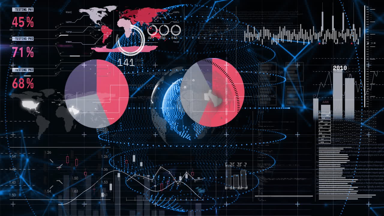 Animation of statistical data processing over spinning globe against black background