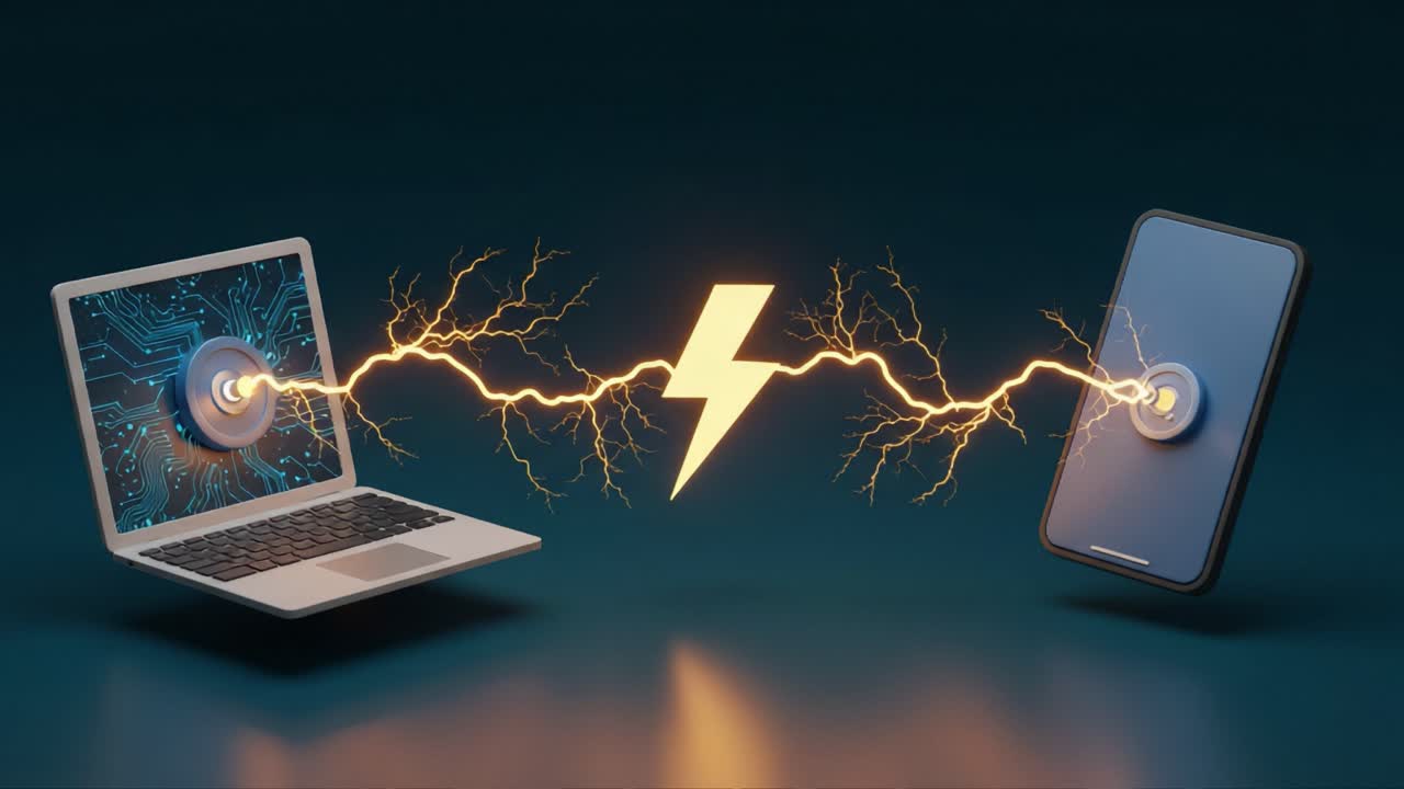 A Dynamic Visual Representation of Energy Transfer Between a Laptop and Smartphone, Highlighting Connectivity and Technological Interaction through Lightning Symbols