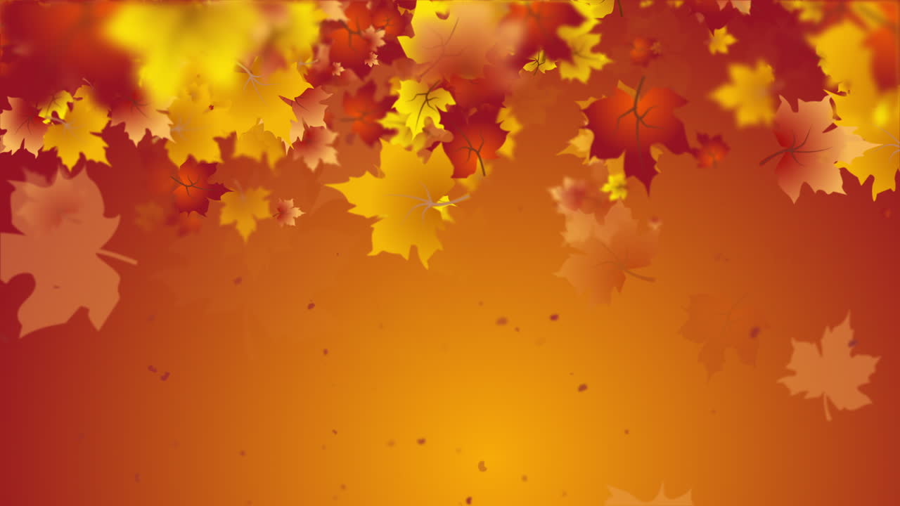 Orange abstract autumn background with falling and swirling maple leaves. Animated holiday frame with empty space for text. Looped motion graphics.