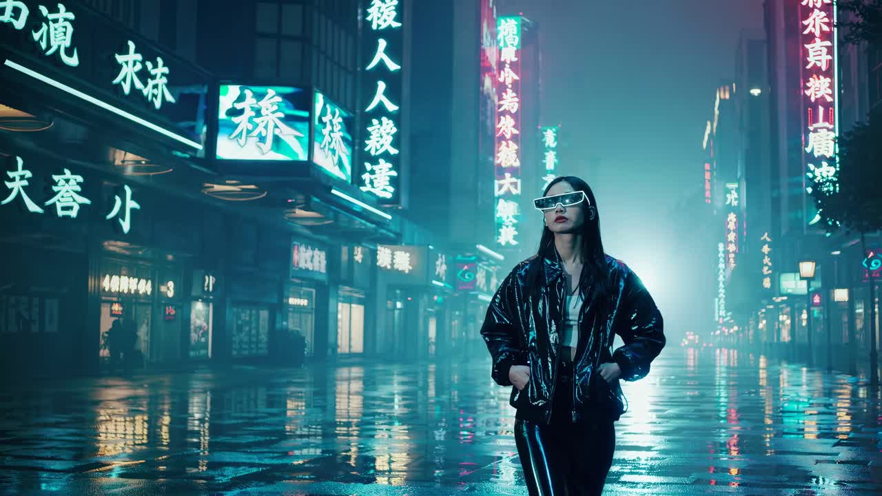 Escena de vídeo de estilo cyberpunk con un plano de ángulo bajo de una mujer con atuendo futurista, calle iluminada con luces de neón