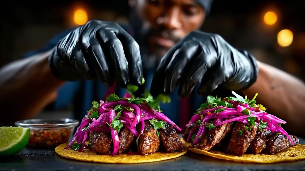 A man in black gloves preparing food on a table