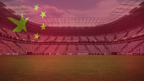 animation of waving china flag against view of a sports stadium