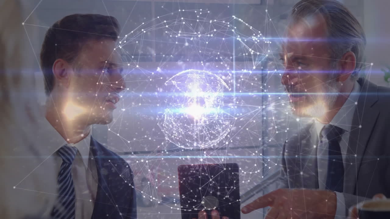Business colleagues discussing digital network hologram floating above tablet in modern office