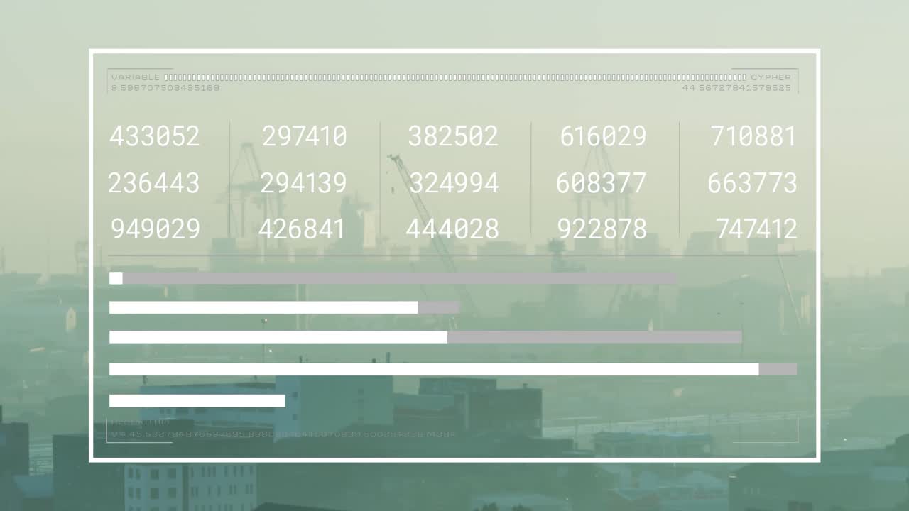 Animation of interface with data processing against aerial view of cityscape