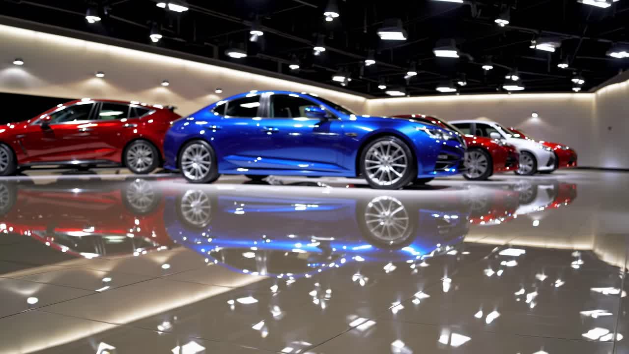 Sleek showroom video featuring luxury cars, captured from a low angle, highlighting reflections