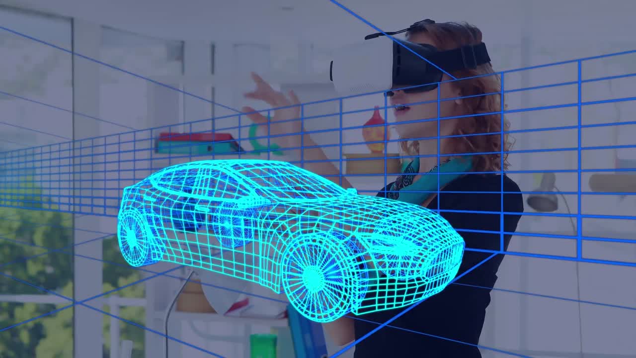 animación de dibujo 3d digital de un coche sobre una mujer usando auriculares vr