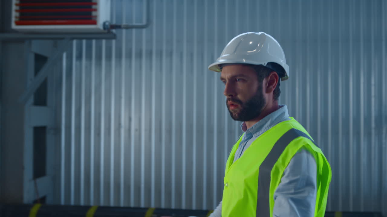 hombre empleado de almacén caminando en el almacenamiento de envío de distribución de paquetes