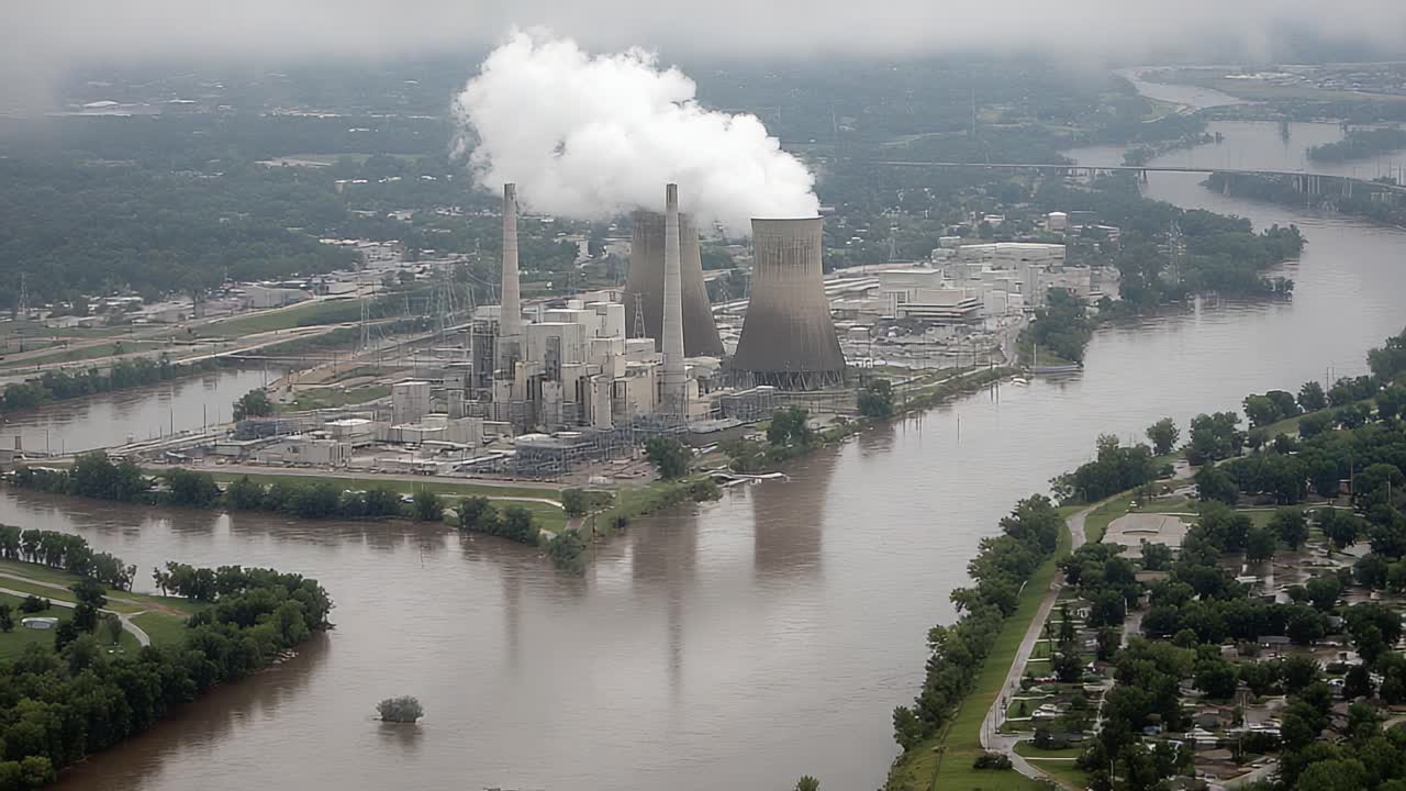 Aerial View of Industrial Power Plant with Cooling Towers and River Reflections Under Overcast Sky