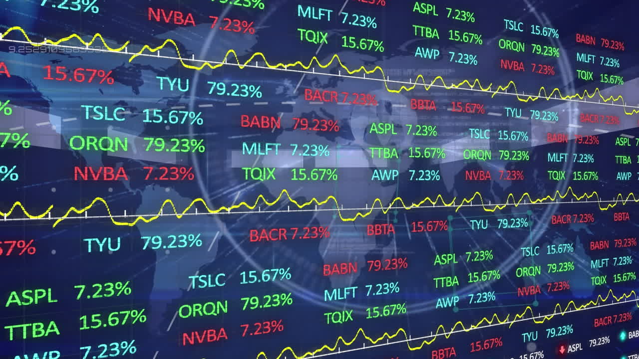Animation of stock market over world map on black background