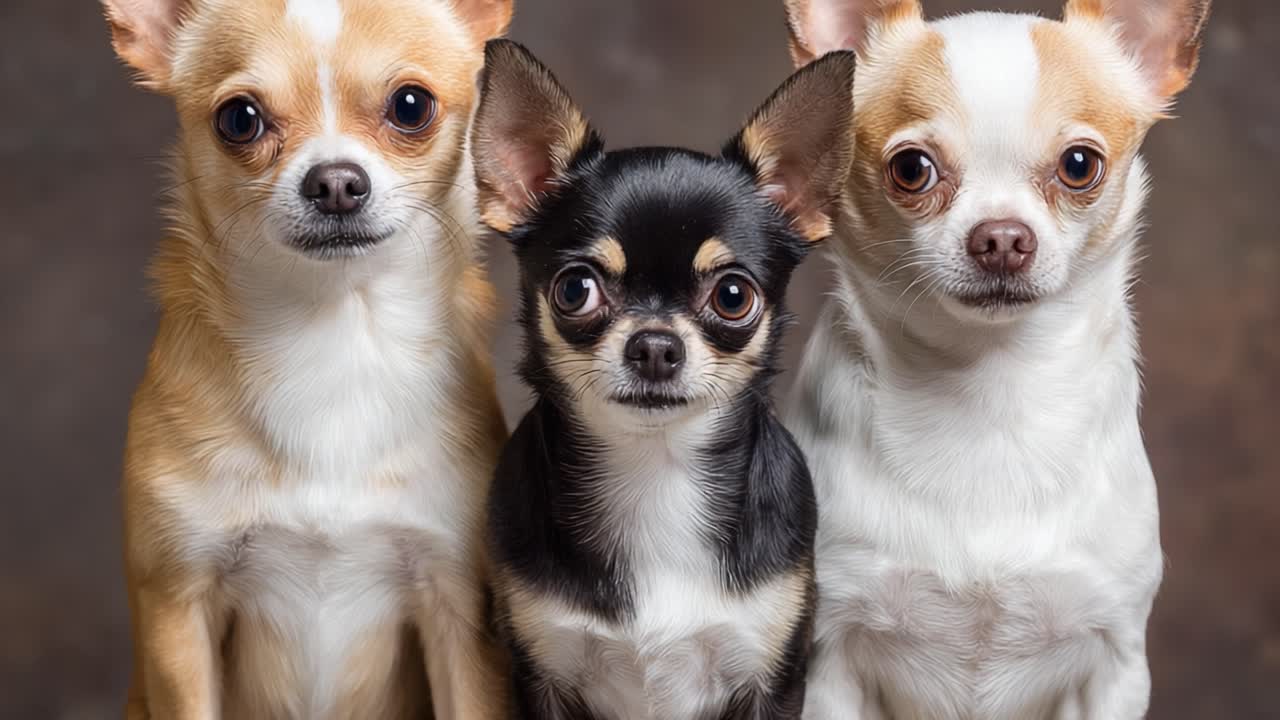 A Heartwarming Trio of Chihuahuas Showcasing Their Unique Personalities and Distinctive Features in a Charming Portrait