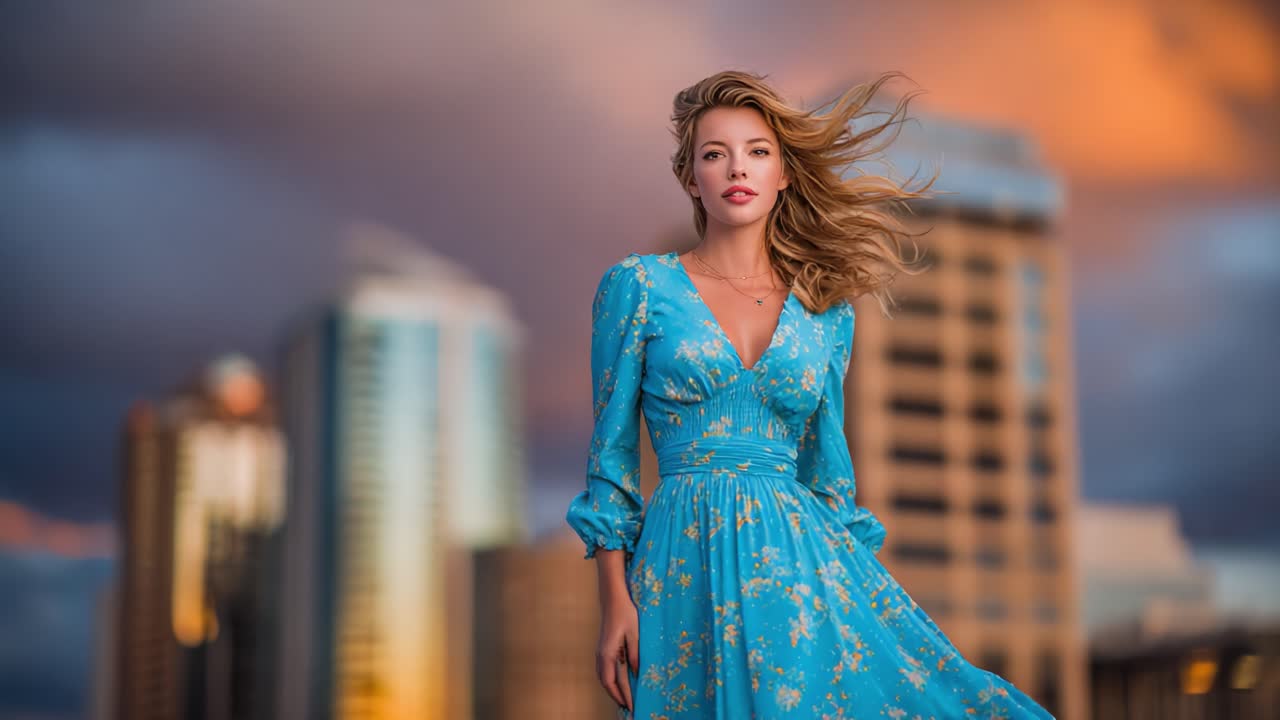 A Stunning Model in a Blue Floral Dress Poses Gracefully Against a Backdrop of Dramatic Clouds and Cityscape at Sunset, Capturing Nature's Beauty and Fashion's Charm