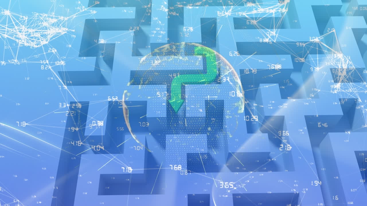 파란 공간에서 회전하는 화살표, 미로, 숫자 및 지구의 애니메이션