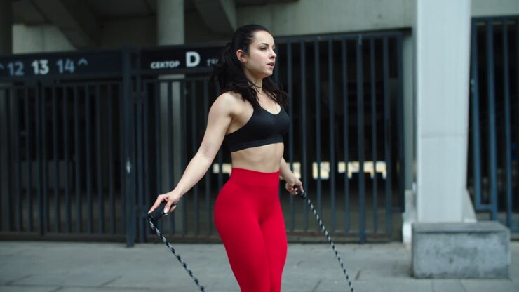 mujer deportista practicando saltos al aire libre