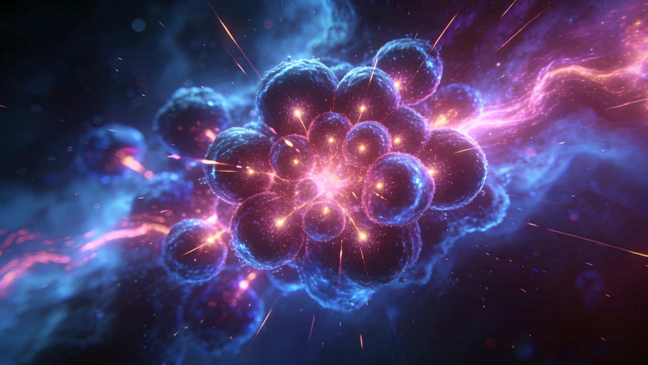 Grappolo pulsante di sfere luminose che si intensifica mentre un filamento color magenta alimenta l'energia in una nebulosa.