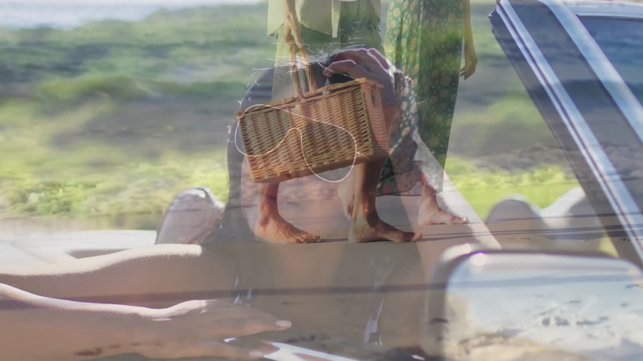 In animation, woman in sunglasses driving convertible with picnic basket scene