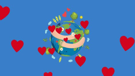 Animation-of-hearts-floating-over-hands-holding-globe-on-blue-background