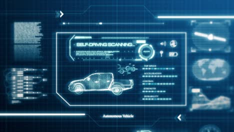 hud self-driving vehicle pickup truck car specification scanning test user interface on computer screen pixel display panel background. blue hologram sci-fi tech concept. front view. 4k motion graphic