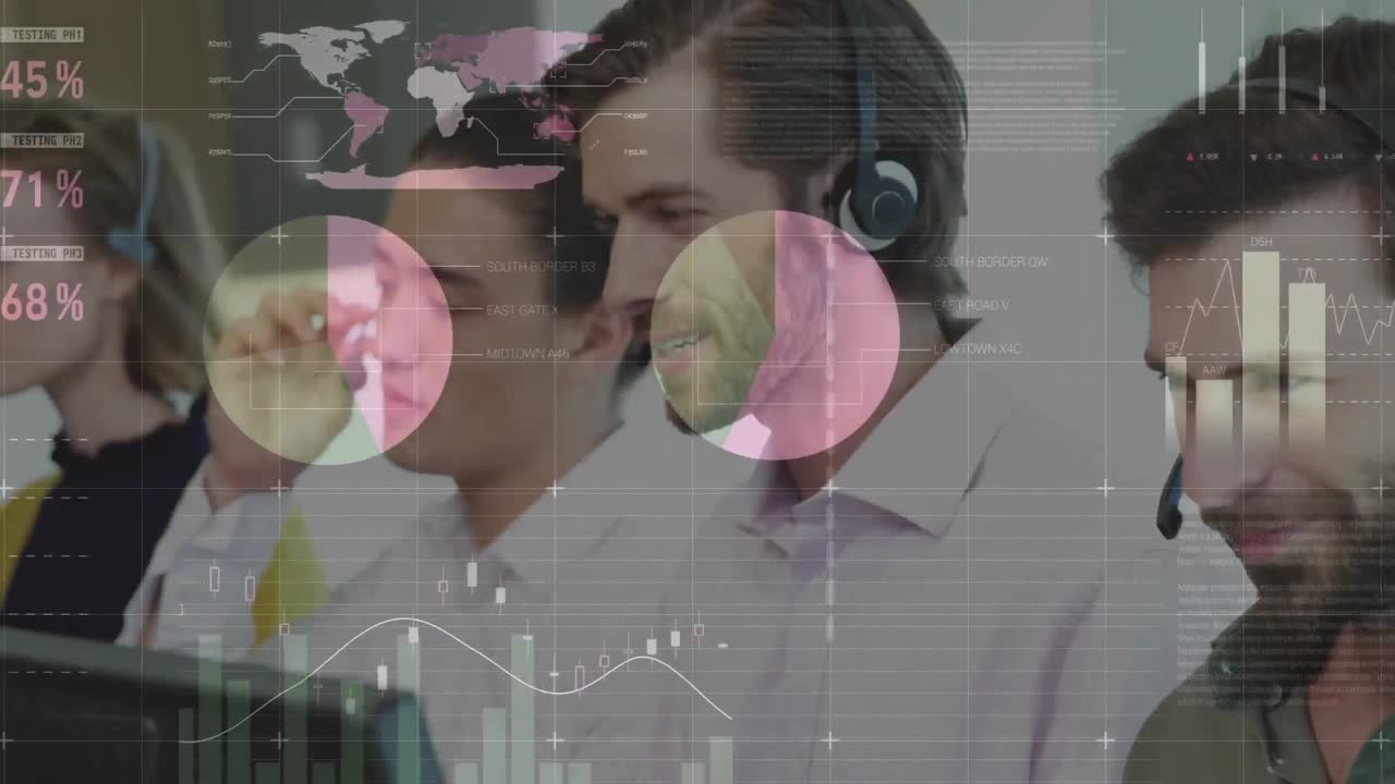 animación de estadísticas y procesamiento de datos sobre personas de negocios que llevan auriculares de teléfono