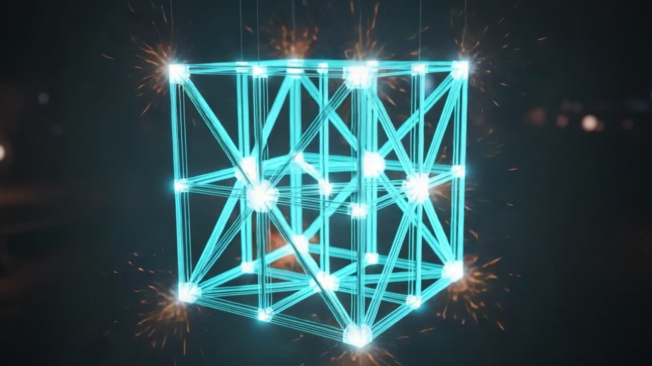 Dynamic Geometric Structure with Neon Glow and Sparks: A Captivating Visual Experience of Light and Geometry in Motion