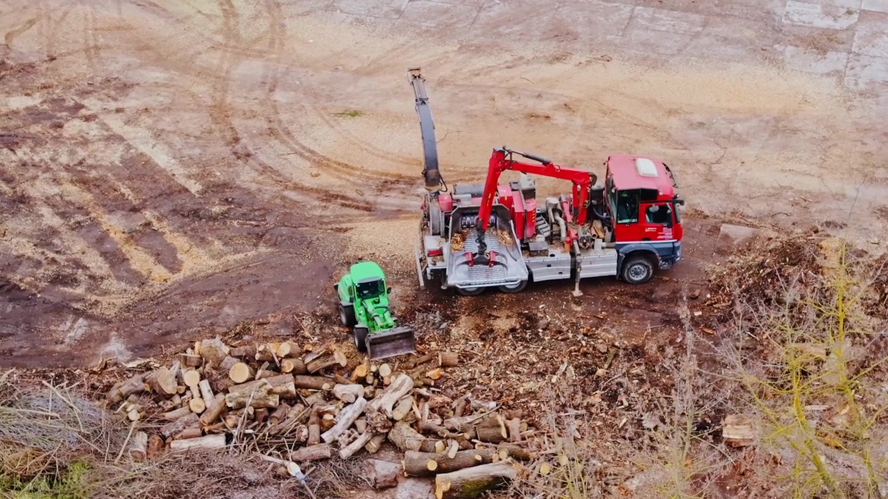 Green loader gathers scattered wood debris, red machinery completes its work