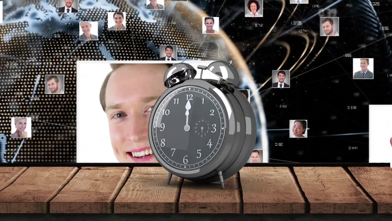 Animation of vintage alarm clock over network of people photographs and globe