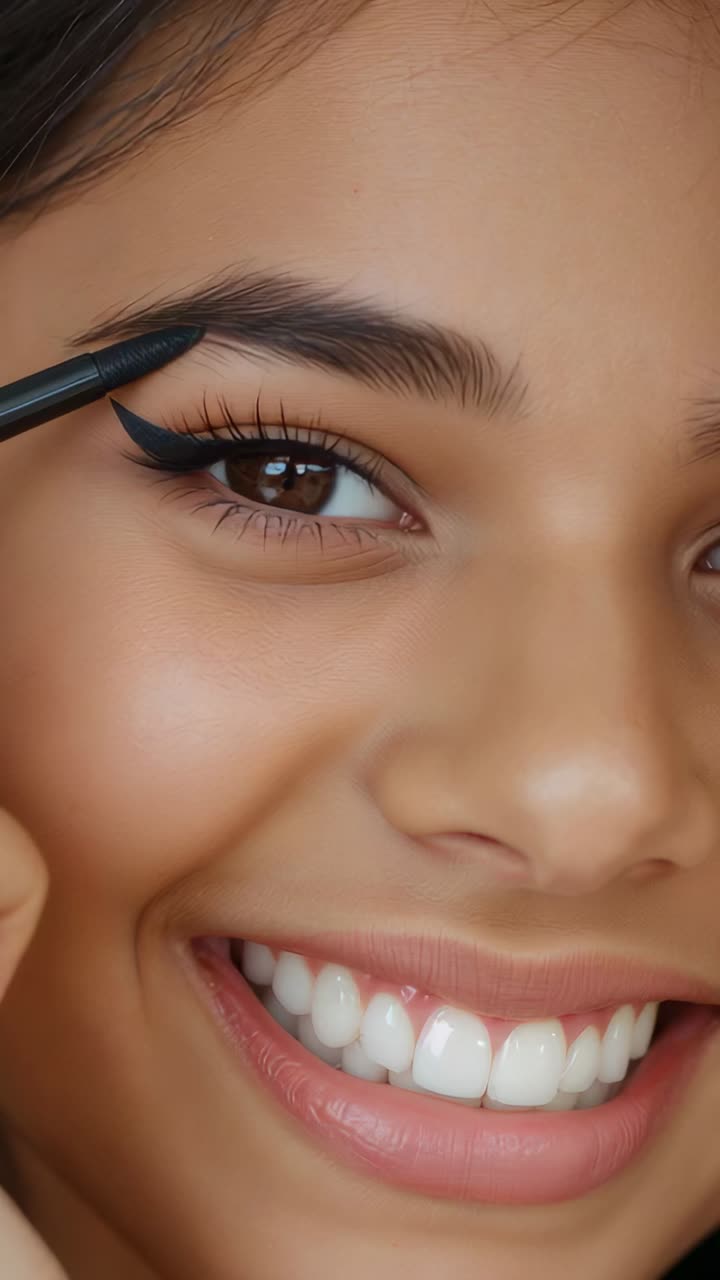 Vertical video: Smiling, woman holding pencil drawing brow in close-up, showing winged liner