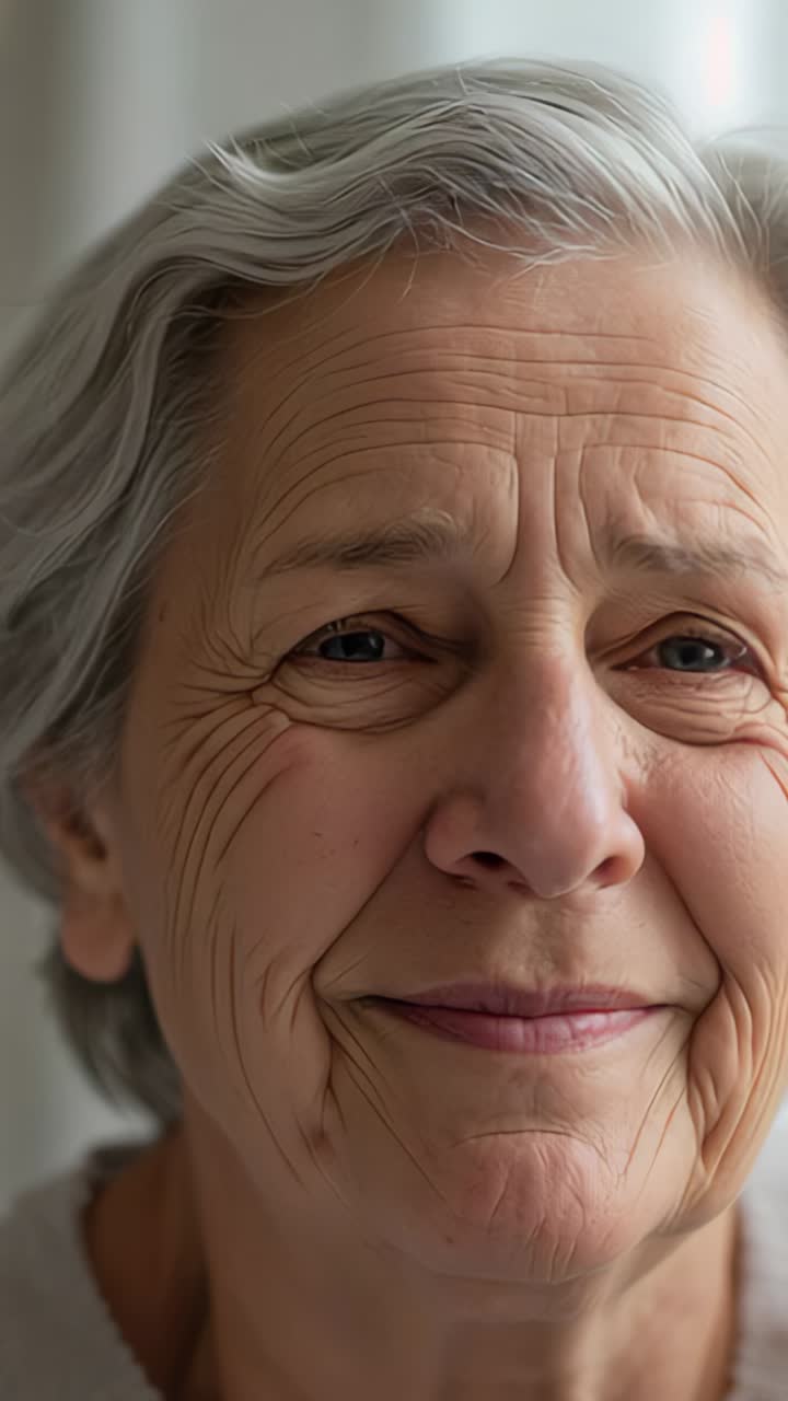 Vertical video: Senior woman noticing amusement and smiling warmly in living area, showing delight