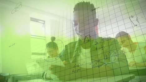 Animation-of-math-formulas-over-afrcian-american-teenage-boy-using-tablet-at-school