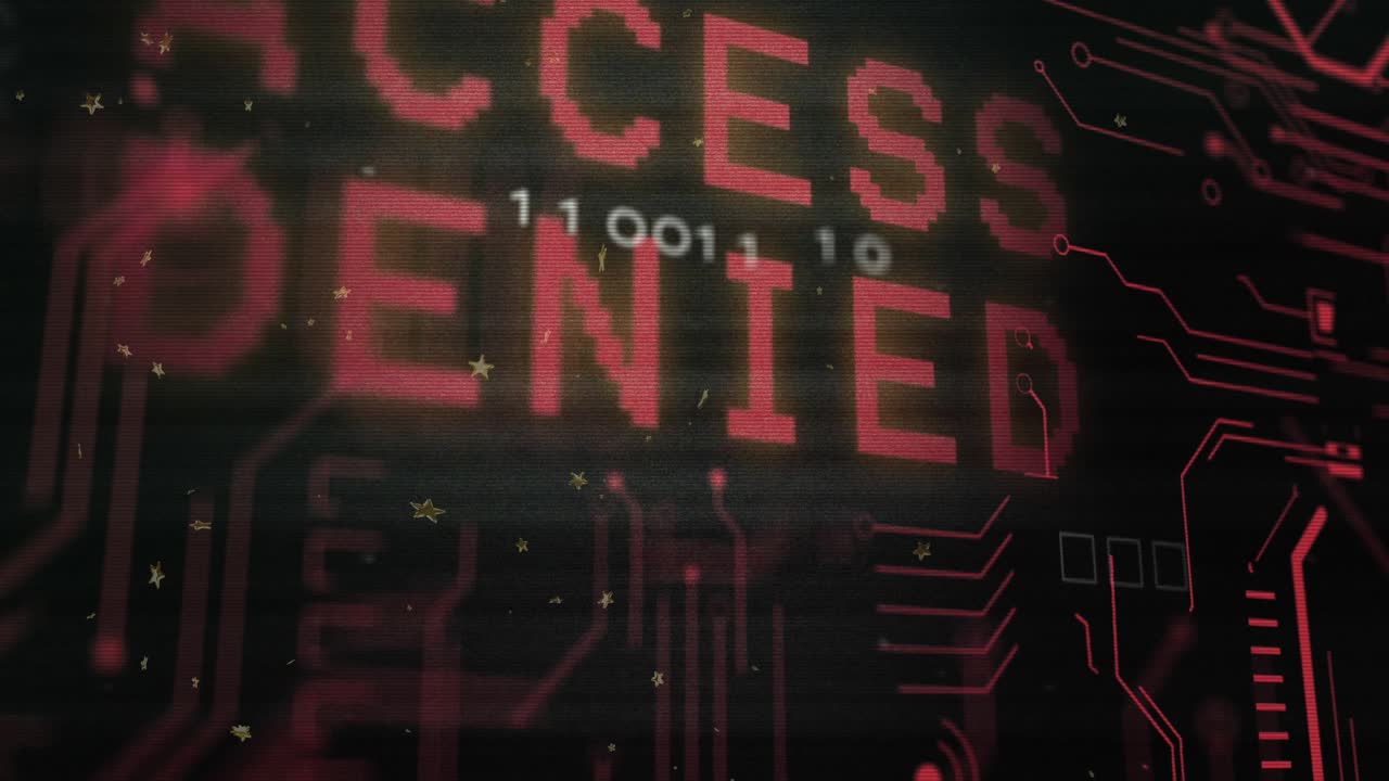 Animation of x mark on access denied text, glitch technique, circuit board pattern and binary codes