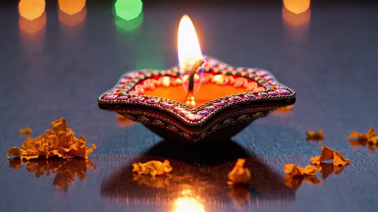 Close-up, low-angle shot of a decorative diya with vibrant bokeh lights, capturing a festive