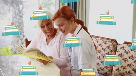 animation of books over happy caucasian female doctor with senior woman looking at old photos