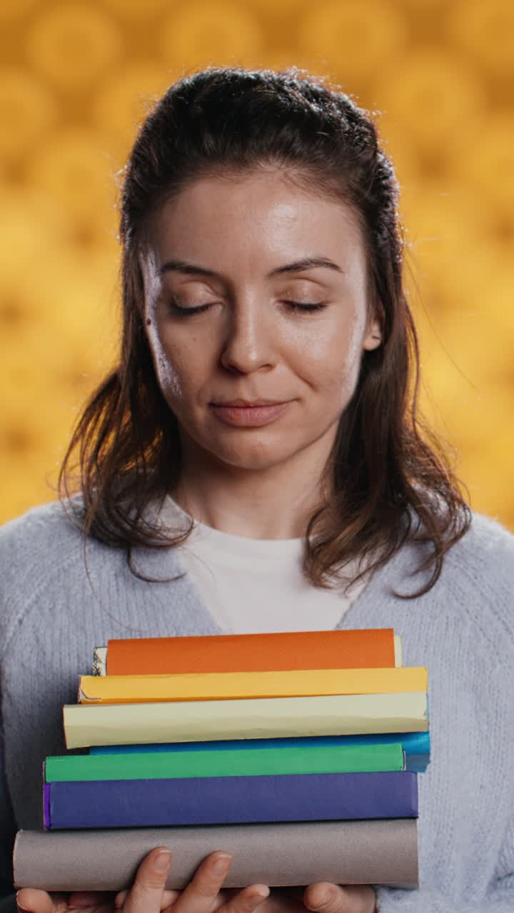 Mulher segurando uma pilha de livros coloridos