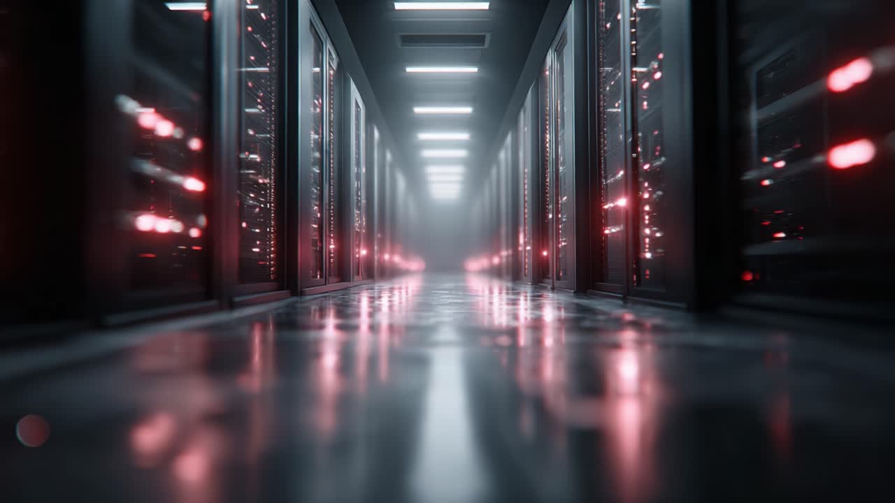 A Futuristic Data Center Corridor Glowing with Neon Lights and High-Tech Equipment, Showcasing Rows of Servers and a Sleek, Modern Design that Enhances Computational Power