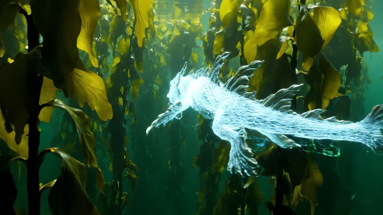 Fantasy Creature Swimming in Kelp Forest