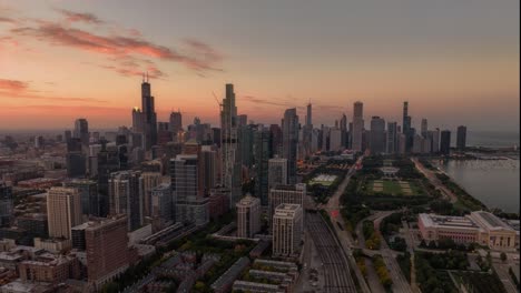chicago hyperlapse from south at sunset aerial view