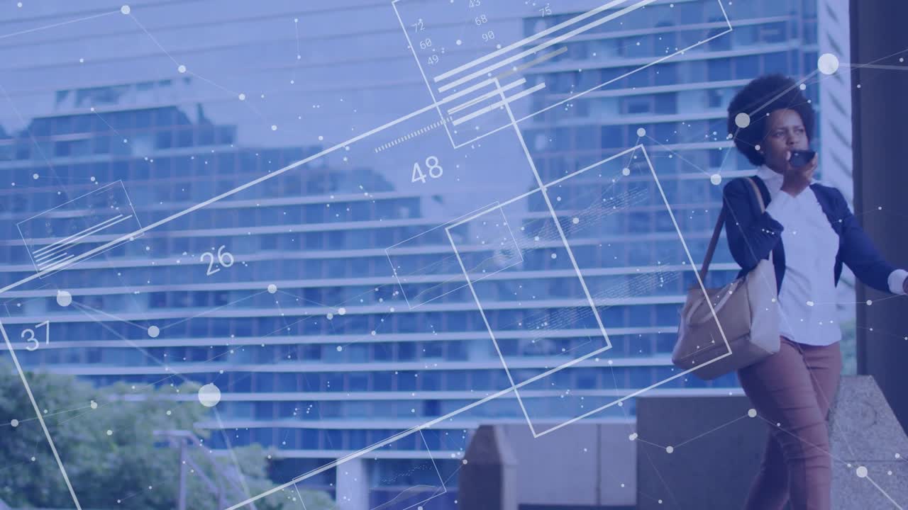 Pro walking walkway, checking wrist then raising phone for business call as data panels following