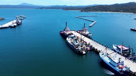 drone aerial twofold bay waterfront dock pier fishing trawlers industry recreation tourism coastline eden sapphire coast australia