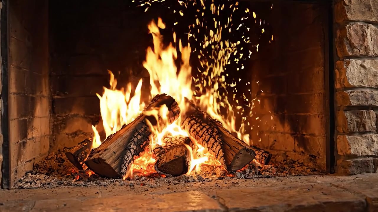 Una scena accogliente con camino, fiamme calde e un focolare in pietra naturale, che cattura perfettamente l'essenza del comfort in un ambiente interno rustico.