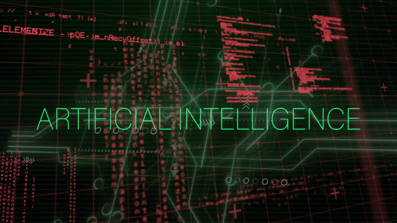 Animation of artificial intelligence text data processing over dark background